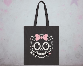 Kawaii Skull With Bow Tote Bag Creepy Cute Gothic Canvas Tote Cute Goth Reusable Bag