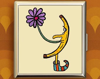 Banana Man with Flower Cigarette Case Metal Wallet | Whimsical Trippy Fantasy Art | ID Holder