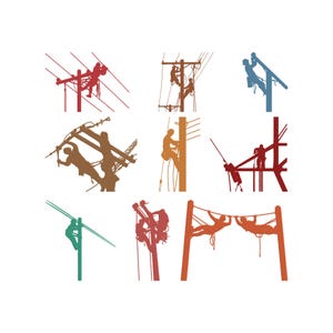 以下が含まれることがあります： 送電線や電柱で作業する作業員を描いた、9つのカラフルなイラストのコレクション。画像には、赤、青、オレンジ、緑など、さまざまな色で、さまざまなポーズの作業員が描かれています。