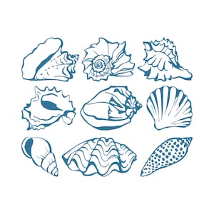 Puede incluir: Nueve ilustraciones de conchas marinas azules sobre fondo blanco. Las conchas, de diversas formas, presentan detalles precisos. Ideal para decoración costera o proyectos creativos, evocando el ambiente marino.