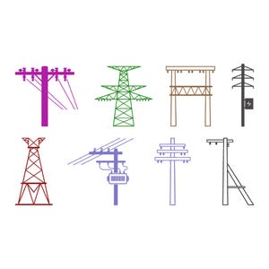May include: An illustration of eight different styles of electrical power poles and towers. The poles are in various colors, including purple, green, brown, and black. The designs range from simple wooden poles to complex lattice towers.
