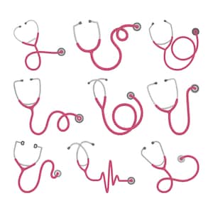May include: A collection of nine pink and gray stethoscopes in various stylized designs. The stethoscopes are depicted with a minimalist aesthetic, featuring the chest piece, tubing, and earpieces. The designs include loops, curves, and a heartbeat-like pattern.