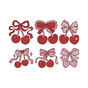 May include: A collection of six cherry designs with bows in various styles. The cherries are red, and the bows are red or pink. Some designs include hearts and sparkles. The designs are embroidered or drawn with a cartoon style.