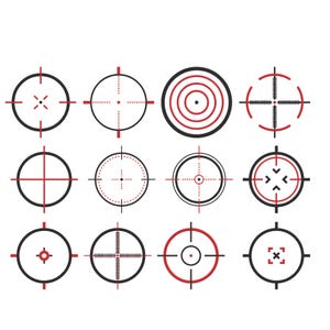 Pode incluir: Uma coleção de doze designs de mira pretos e vermelhos, cada um com um padrão único. Os designs incluem círculos, cruzes e várias retículas de pontaria. A imagem é uma ilustração vetorial, adequada para design gráfico.