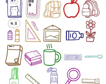 School Supplies Outline Machine Embroidery Design, Backpack and Mug Embroidery, Instant Digital Download