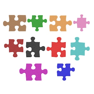 May include: A collection of colorful puzzle pieces in various shades, including brown, green, orange, pink, red, black, teal, purple, and blue. The pieces are arranged against a white background, showcasing their individual shapes and colors.