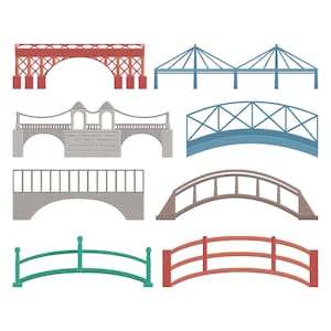 May include: A collection of eight different bridge designs in various styles. The bridges are depicted in a variety of colors, including red, blue, gray, and green. The designs range from simple arch bridges to more complex truss and suspension bridges.