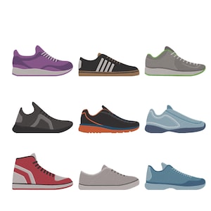 May include: Nine different athletic shoes in various colors are displayed. The shoes include purple, black, gray, red, and blue. Some have white or orange accents. The shoes are designed for running and other athletic activities.
