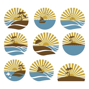 May include: Nine circular designs featuring a beach theme. Each design includes a sunburst, a brown island or beach, blue water, and a sailboat, palm trees, or an umbrella. The designs are in shades of brown, gold, and blue.