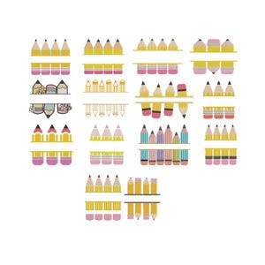May include: A collection of digital embroidery designs featuring various arrangements of yellow pencils with pink erasers and dark grey tips. The designs include split pencil motifs, some with floral accents, arranged in rows on a plain white background.