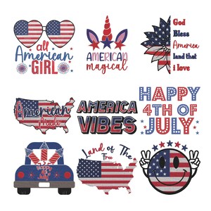 Könnte beinhalten: Eine Sammlung patriotischer Designs mit der amerikanischen Flagge. Enthält herzförmige Sonnenbrillen, ein Einhorn, eine Sonnenblume und die Sätze "all American girl", "American magical" und "Happy 4th of July."