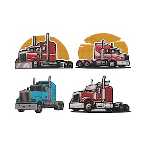 Puede incluir: Cuatro ilustraciones de camiones semirremolque en rojo y azul, cada uno con un diseño único. Dos camiones son rojos con detalles en blanco, y dos son azules. Cada camión está situado sobre un fondo amarillo-anaranjado, que se asemeja a una puesta de sol.