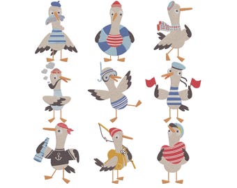 Seagull Nautical Bird Embroidery Design Bundle, Beach Seagull Cartoon Machine Embroidery File, Instant Download, 5 Size