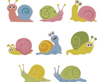 Snail Clipart Cartoon Design, Kawaii Garden Animal Snail Machine Embroidery File, 8 Design, 7 Size, Instant Download