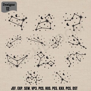 Puede incluir: Una colección de 12 diseños de constelaciones en negro con estrellas y lunas crecientes. La imagen incluye el texto 'Designs 12' en la parte superior izquierda y una lista de formatos de archivo 'JEF. EXP. SEW. VP3. PCS. HUS. PES. XXX. PCS. DST' abajo.