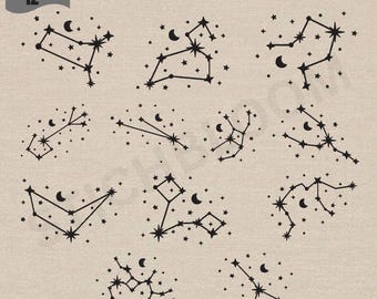 Zodiac Constellation Design, Celestial Stars Moon Astrology Mystic  Line Art Machine Embroidery File, 12 Design, 7 Size, Instant Download