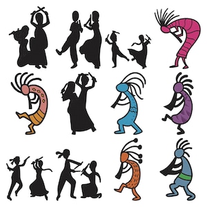 Könnte beinhalten: Eine Sammlung von zwölf digitalen Illustrationen mit schwarzen Silhouetten von Menschen, die mit Stöcken tanzen, sowie farbenfrohen, stilisierten Kokopelli-Figuren, die Flöte spielen, in Rosa, Orange, Blau, Violett und Braun auf weißem Grund.
