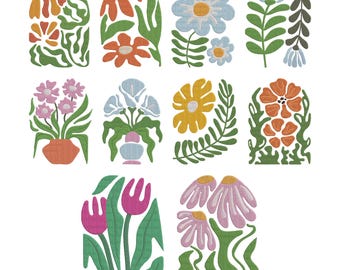 Modern Floral Flower Embroidery Design, Abstract Flower Botanical Machine Embroidery File, 10 Design, 9 Size, Instant Download