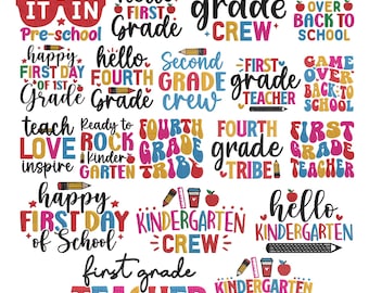 Back To School Machine Embroidery Design, Kindergarten Crew Embroidery, Grade Teacher Squad Embroidery Set, Instant Digital Download