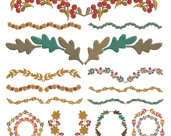 Botanical Border Machine Embroidery Design, Autumn Leaf Vine Set, Thanksgiving Berry Wreath Frame, Floral Motif, Instant Digital Download