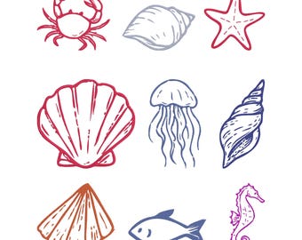 Ocean Sea Life Embroidery Design, Nautical Marine Machine Embroidery File, 9 Design, 6 Size, Instant Download