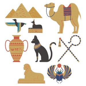 May include: A collection of Egyptian-themed illustrations. Includes pyramids, a camel, a bird, Anubis, a vase, a black cat, a staff, a scarab beetle, and a sphinx. The illustrations feature a warm color palette of gold, blue, red, and black.