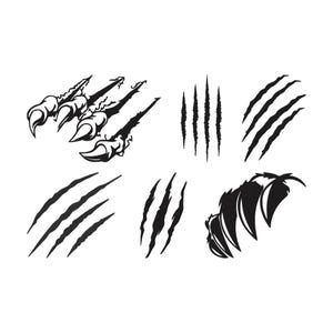 Puede incluir: Gráfico en blanco y negro de varias marcas de garras e impresiones de garras. La imagen incluye múltiples conjuntos de rasguños paralelos y un conjunto de cuatro impresiones de garras con garras afiladas.