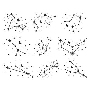 May include: Black and white illustration of various constellations, each depicted with connecting lines, stars, and crescent moons. The celestial designs are set against a white background, creating a minimalist and artistic aesthetic.