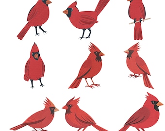 Cardinal Bird Embroidery Design Bundle, Red Northern Cardinal Realistic Bird Machine Embroidery File, Instant Download 5 Sizes
