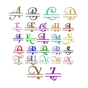 Peut inclure: Ensemble de lettres monogrammes divisées de différentes couleurs, dont beige, gris, turquoise et rose. Chaque lettre présente un motif tourbillonnant décoratif et une ligne horizontale pour la personnalisation. Les lettres sont sur fond blanc.