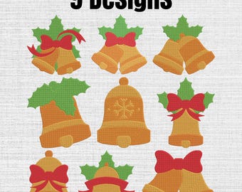 Christmas Bell Machine Embroidery Designs Set OF 9, Instant Download Digital, 9 Sizes