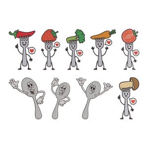 Puede incluir: Una colección de personajes de utensilios de cocina caprichosos. Los tenedores están cubiertos con un chile rojo, fresa, brócoli, zanahoria, tomate y champiñón. Las cucharas saludan y hacen una señal de pulgar hacia arriba. Cada personaje tiene una cara sonriente y un corazón.