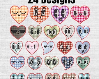 24 Gingham Heart Face Applique Machine Embroidery Designs, Instant Download Digital, 7 Sizes