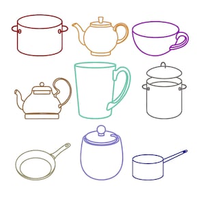 May include: Line art illustration of various kitchenware items, including a pot, teapot, teacup, mug, saucepan, frying pan, sugar bowl, and a pot with a lid. The items are outlined in different colors, such as red, orange, purple, and green.