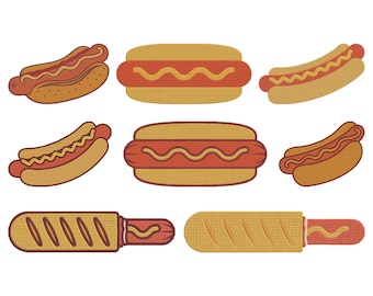 Hot Dog Embroidery Design, Hot Dog Machine Embroidery File, 8 Design, 9 Size, Instant Download