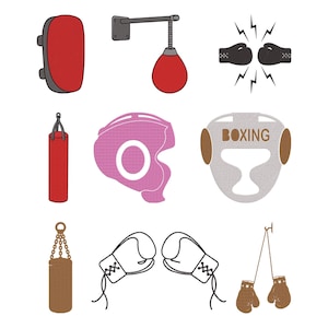 Puede incluir: Ilustración de equipamiento de boxeo, que incluye un guante de enfoque rojo, una pera de velocidad roja, un saco pesado rojo, un protector de cabeza rosa, un protector de cabeza blanco con el texto "BOXING", guantes de boxeo negros y guantes de boxeo marrones.