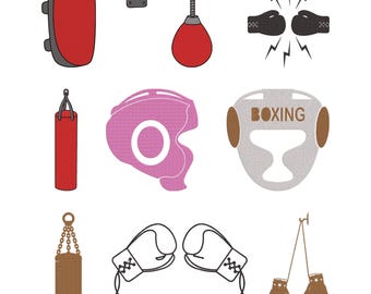 Diseño de bordado de elementos deportivos de boxeo, archivo de bordado a máquina de boxeo, 9 diseños, 8 tamaños, descarga instantánea