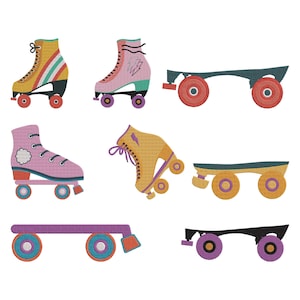 May include: A selection of retro-style roller skates and skateboards. The skates are in shades of yellow, pink, and purple, with designs like stripes and lightning bolts. The skateboards have a simple design with round wheels, perfect for a vintage aesthetic.