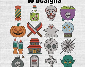 Halloween Elements Machine Embroidery Designs Set OF 16, Instant Download Digital, 5 Sizes