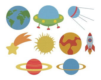 UFO Space Embroidery Design Bundle, Planet Rocket Machine Embroidery File, Instant Download, 7 Size