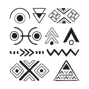 May include: A collection of black and white tribal-inspired graphic elements. The designs include geometric shapes such as triangles, chevrons, and circles, arranged in various patterns. These elements are suitable for digital art, textile design, or surface pattern design.