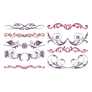 May include: A collection of decorative design elements in shades of purple and red. The image features various floral and scroll patterns, including symmetrical and asymmetrical arrangements, suitable for embellishments and design projects.