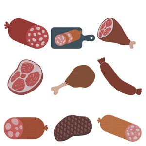 May include: A collection of nine embroidered patches featuring various meat products including salami logs, sliced cured meats, a bone-in ham, a chicken leg, and a steak with a cross-hatch grill pattern, all rendered in shades of red, brown, and pink.