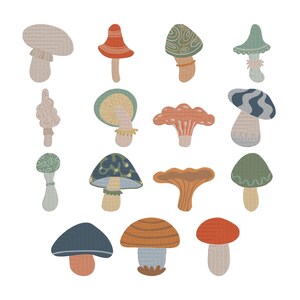 May include: A collection of colorful mushroom illustrations in various shapes and sizes. The mushrooms feature a range of colors, including red, blue, green, and orange, with detailed patterns and textures. The image is set against a white background.