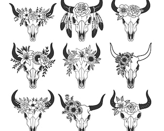 Cow Skull Flower Embroidery Design Bundle, Floral Cow Skull Western Machine Embroidery File, Instant Download, 5 Sizes