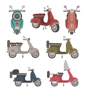 Op de afbeelding: Collectie geborduurde scooters in verschillende kleuren, waaronder teal, rood, oranje, grijs, olijfgroen, blauw en roze. Elke scooter heeft een gedetailleerd ontwerp met een zitting, stuur en wielen, perfect voor een vintage of reis-thema project.