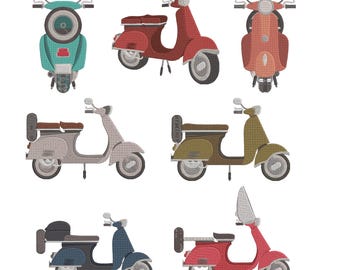 Vintage Scooter Embroidery Design, Retro Vespa Scooters Machine Embroidery File, 7 Design, 9 Size, Instant Download