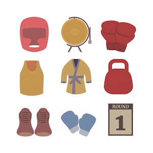 May include: A collection of nine illustrations related to boxing and martial arts. Includes a red head guard, a gong, red boxing gloves, a yellow tank top, a yellow robe, a red kettlebell, brown shoes, blue gloves, and a round 1 card.