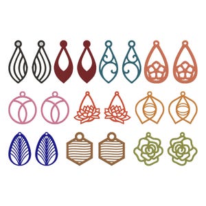 May include: A collection of various earrings in different shapes and colors. The earrings include teardrop, oval, and geometric designs, with colors like black, red, blue, pink, orange, and green. Some earrings feature openwork patterns, while others have solid colors.