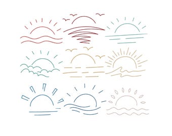 Sunset Sunrise Ocean Line Art Embroidery Design Bundle, Minimal Line Art Beach Machine Embroidery File, Instant Download, 9 Size